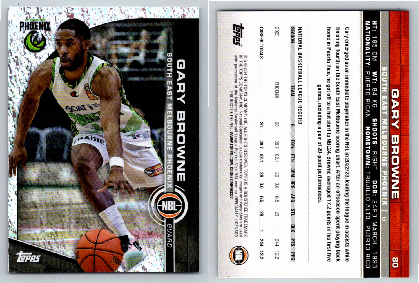Card # 80 Gary Browne South East Melbourne Phoenix Opal NBL Topps 2023 2024