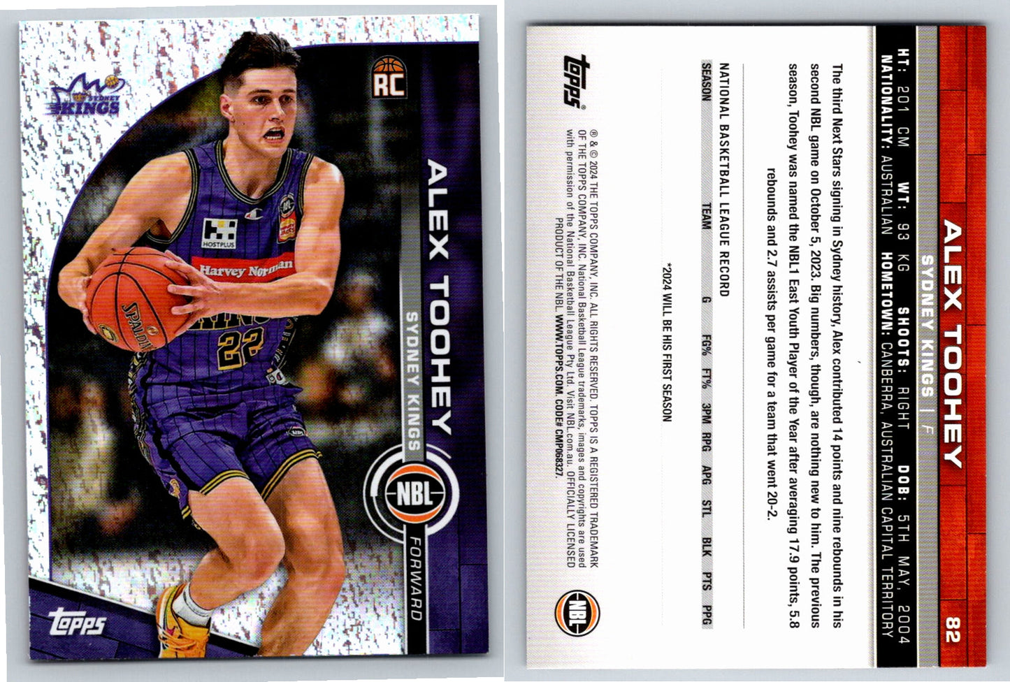 Card # 82 Alex Toohey Sydney Kings Opal NBL Topps 2023 2024