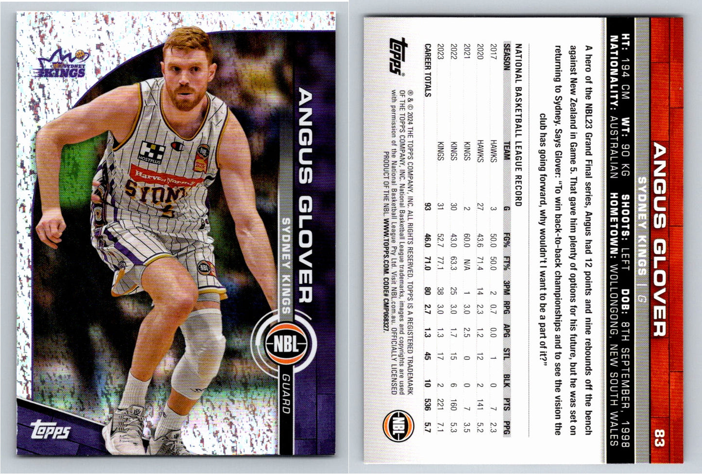 Card # 83 Angus Glover Sydney Kings Opal NBL Topps 2023 2024