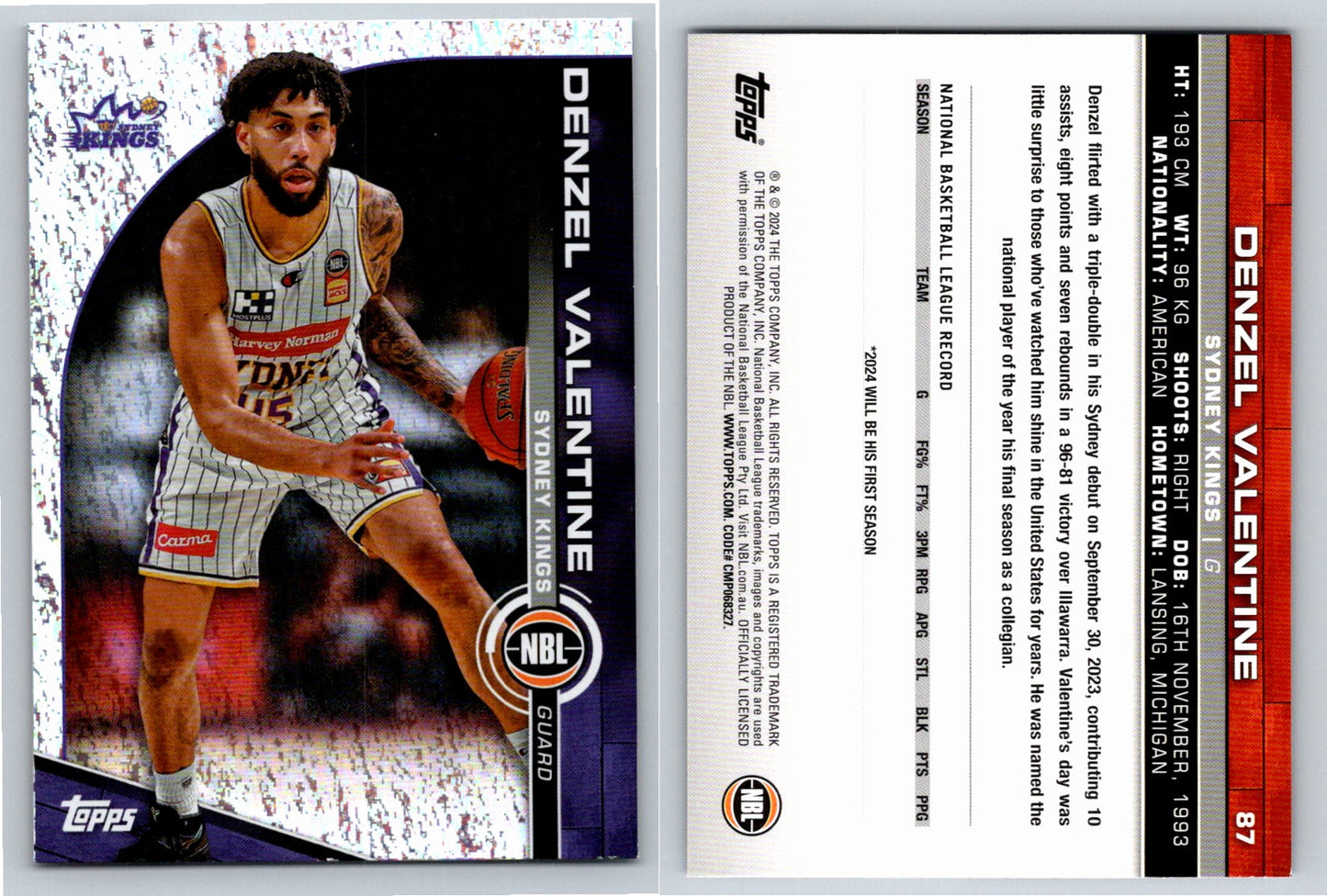 Card # 87 Denzel Valentine Sydney Kings Opal NBL Topps 2023 2024