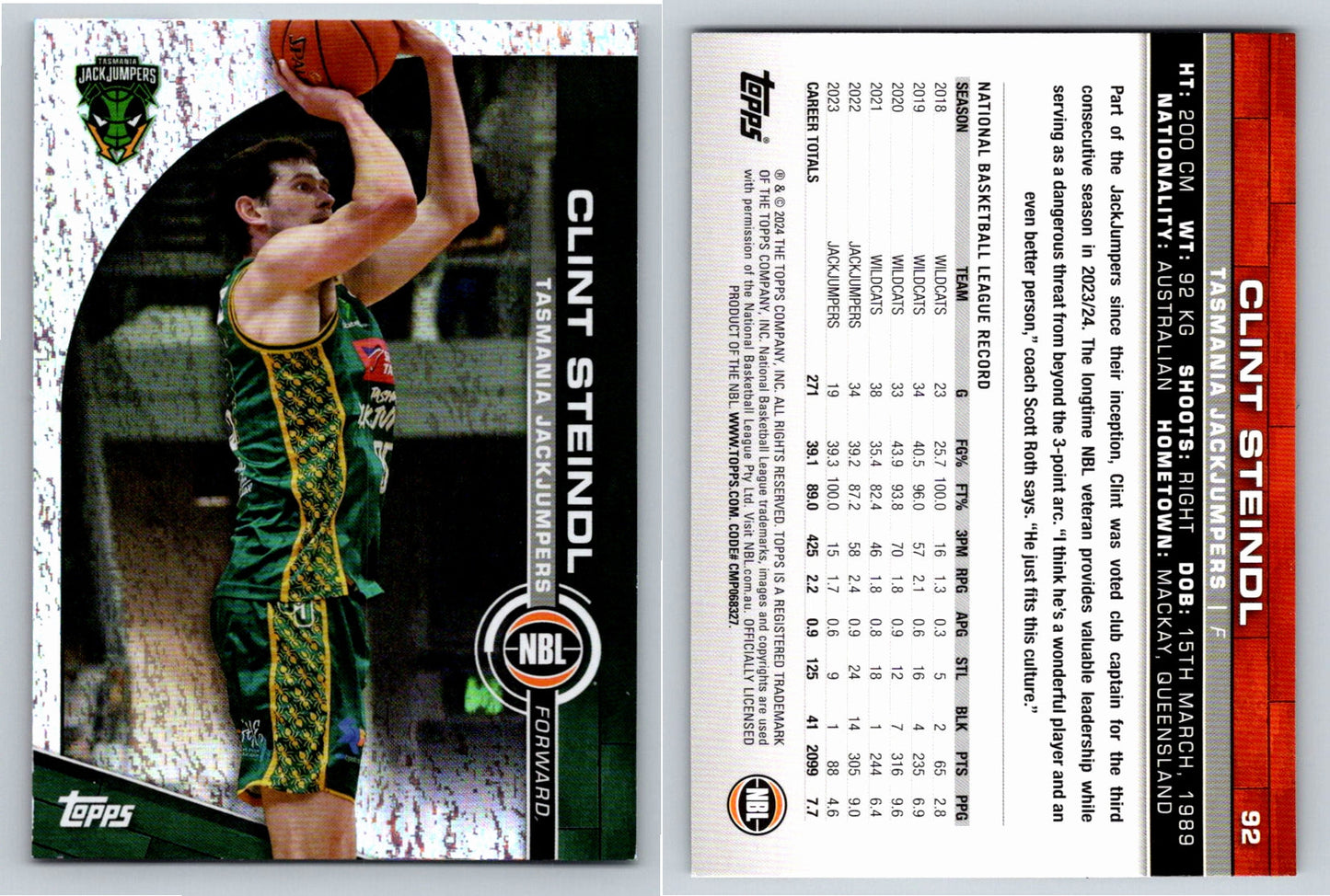 Card # 92 Clint Steindl Tasmania JackJumpers Opal NBL Topps 2023 2024