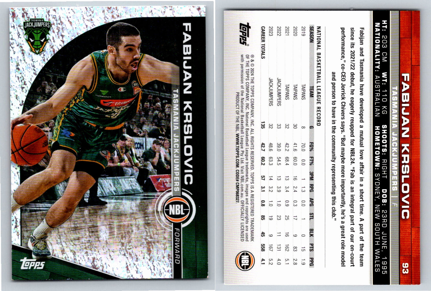 Card # 93 Fabijan Krslovic Tasmania JackJumpers Opal NBL Topps 2023 2024