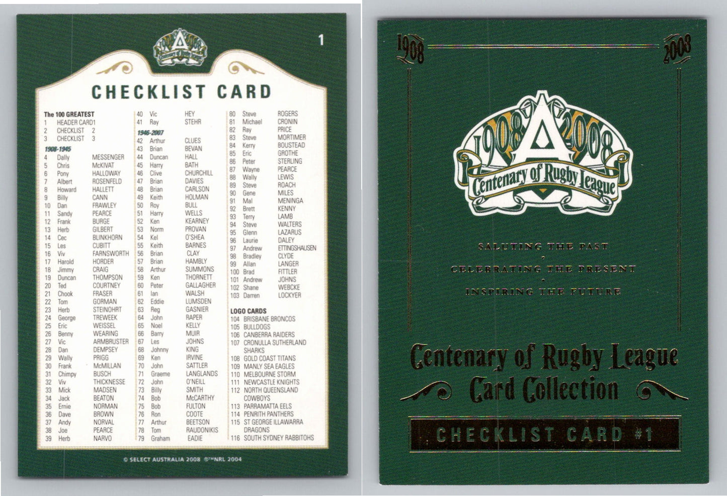 Card #   1 CHECKLIST 1 NRL Centenary of Rugby League Header Card