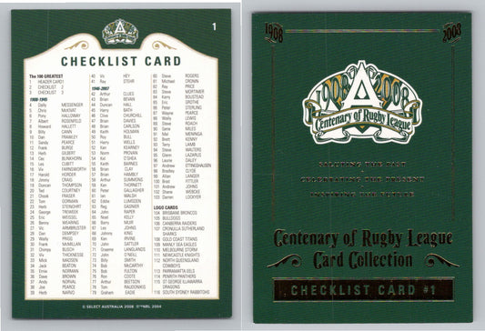 Card #   1 CHECKLIST 1 NRL Centenary of Rugby League Header Card