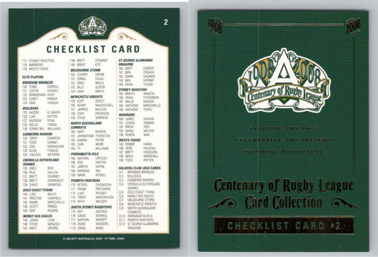 Card #   2 CHECKLIST 2 NRL Centenary of Rugby League Header Card