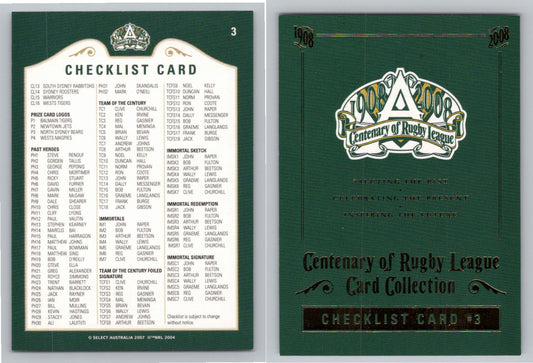 Card #   3 CHECKLIST 3 NRL Centenary of Rugby League