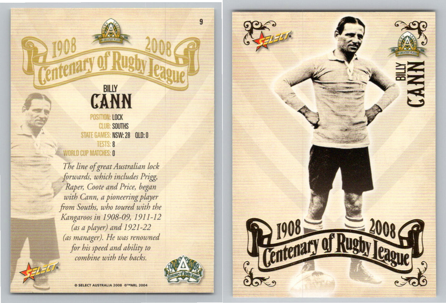 Card #   9 BILLY CANN NRL Centenary of Rugby League
