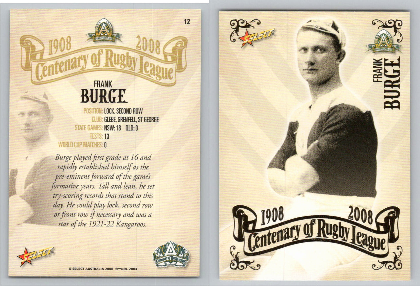 Card #   12 FRANK BURGE NRL Centenary of Rugby League