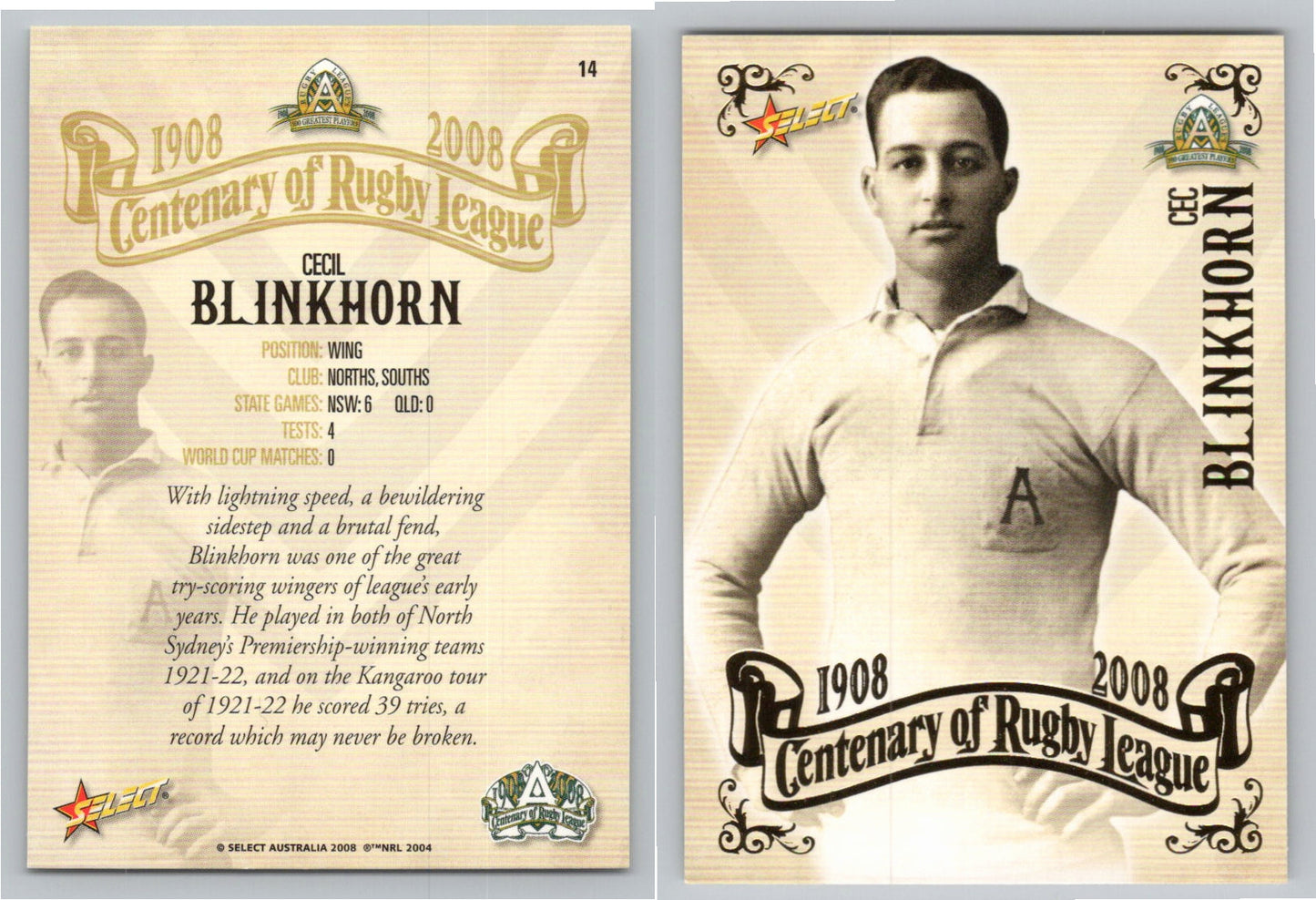 Card #   14 CEC BLINKHORN NRL Centenary of Rugby League