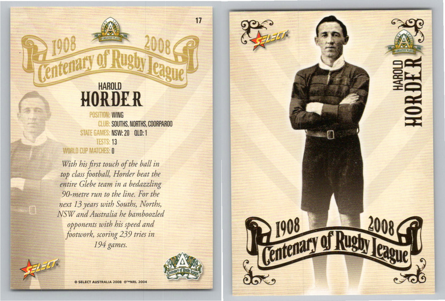 Card #   17 HAROLD HORDER NRL Centenary of Rugby League