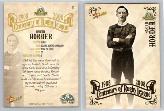 Card #   17 HAROLD HORDER NRL Centenary of Rugby League