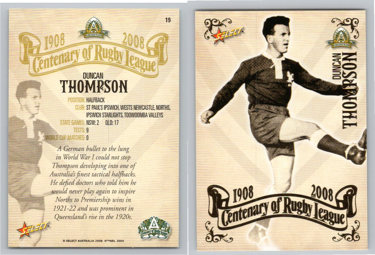 Card #   19 DUNCAN THOMPSON NRL Centenary of Rugby League