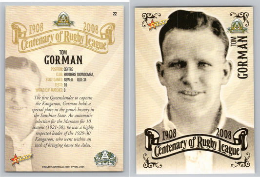 Card #   22 TOM GORMAN NRL Centenary of Rugby League