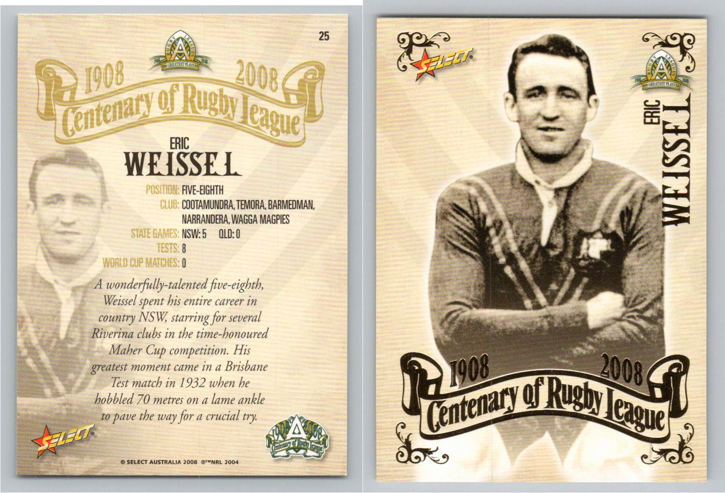 Card #   25 ERIC WEISSEL NRL Centenary of Rugby League