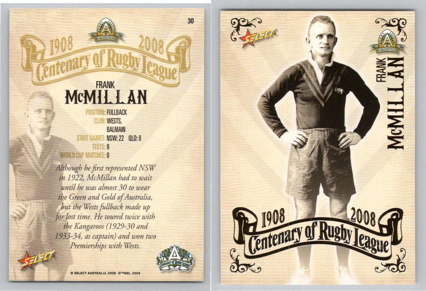 Card #   30 FRANK McMILLAN NRL Centenary of Rugby League