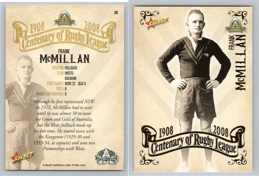 Card #   30 FRANK McMILLAN NRL Centenary of Rugby League