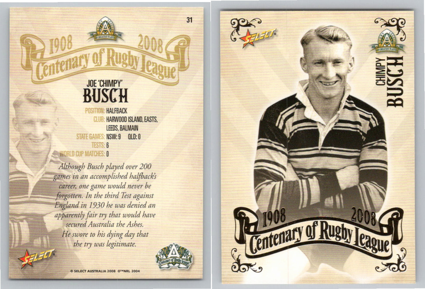 Card #   31 CHIMPY BUSCH NRL Centenary of Rugby League
