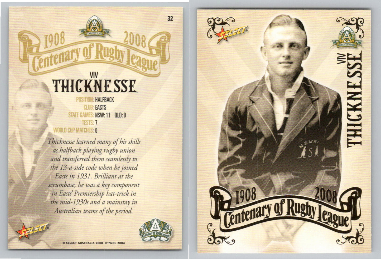Card #   32 VIV THICKNESSE NRL Centenary of Rugby League