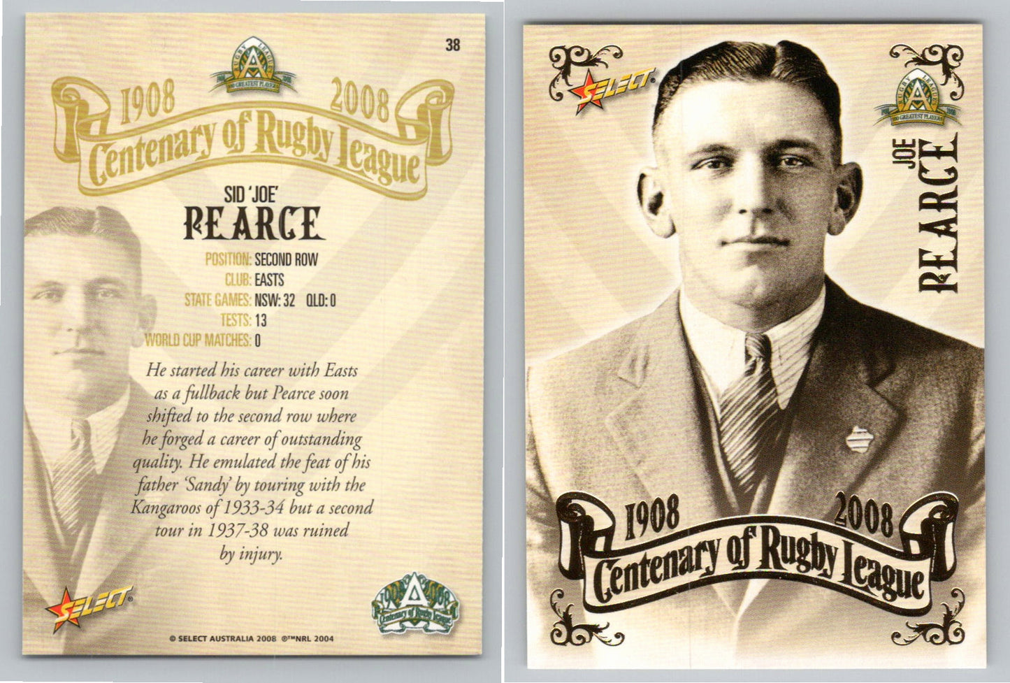 Card #   38 JOE PEARCE NRL Centenary of Rugby League