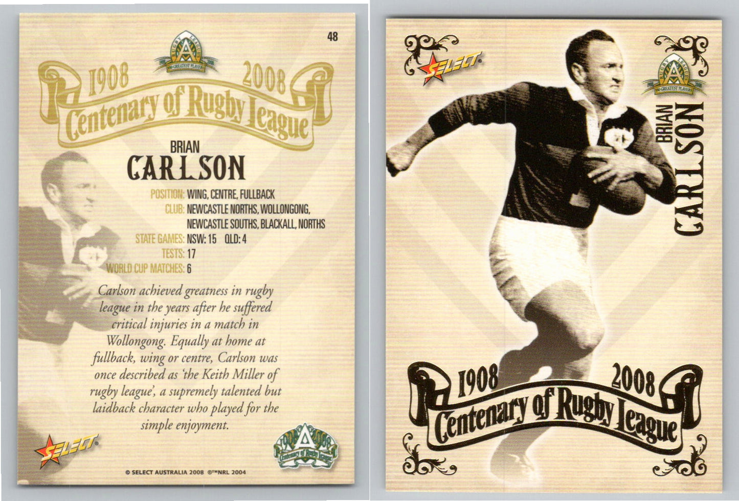 Card #   48 BRIAN CARLSON NRL Centenary of Rugby League