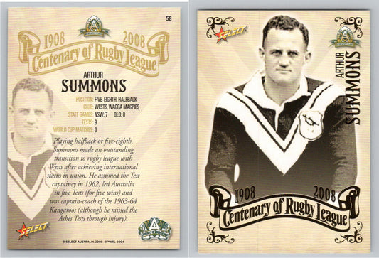 Card #   58 ARTHUR SUMMONS NRL Centenary of Rugby League