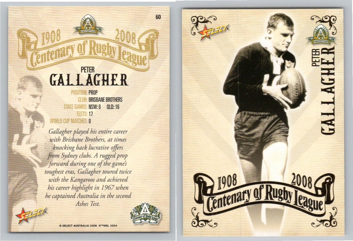 Card #   60 PETER GALLAGHER NRL Centenary of Rugby League