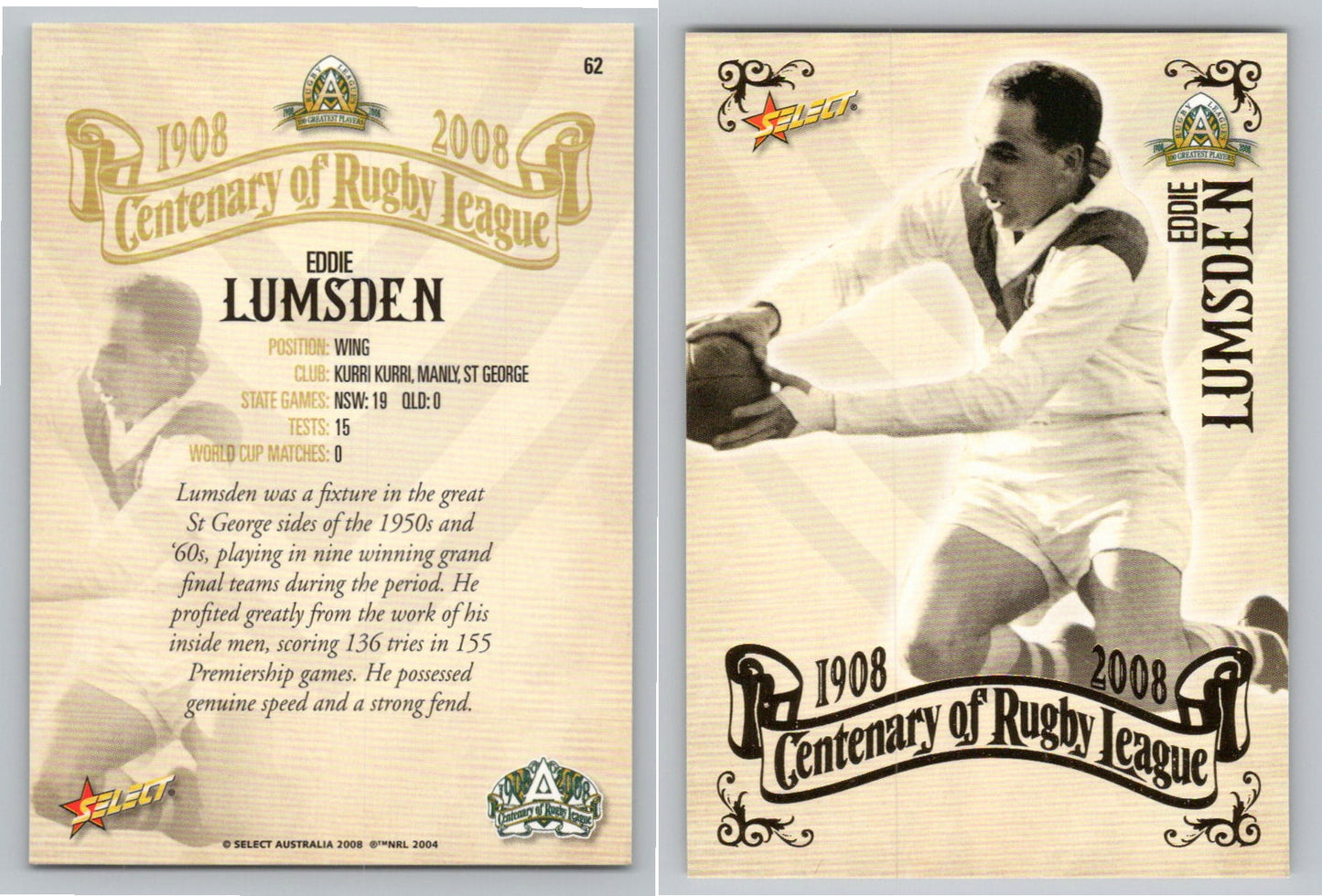Card #   62 EDDIE LUMSDEN NRL Centenary of Rugby League