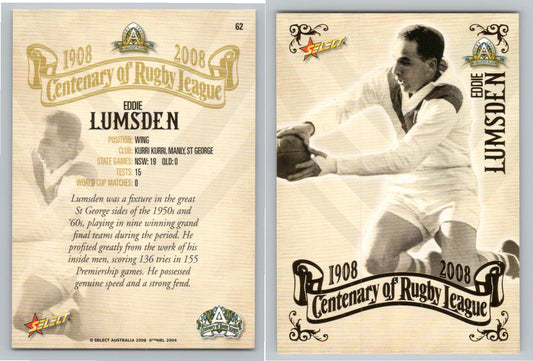 Card #   62 EDDIE LUMSDEN NRL Centenary of Rugby League