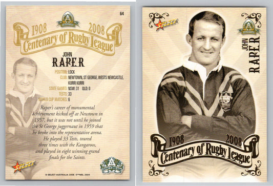 Card #   64 JOHN RAPER NRL Centenary of Rugby League