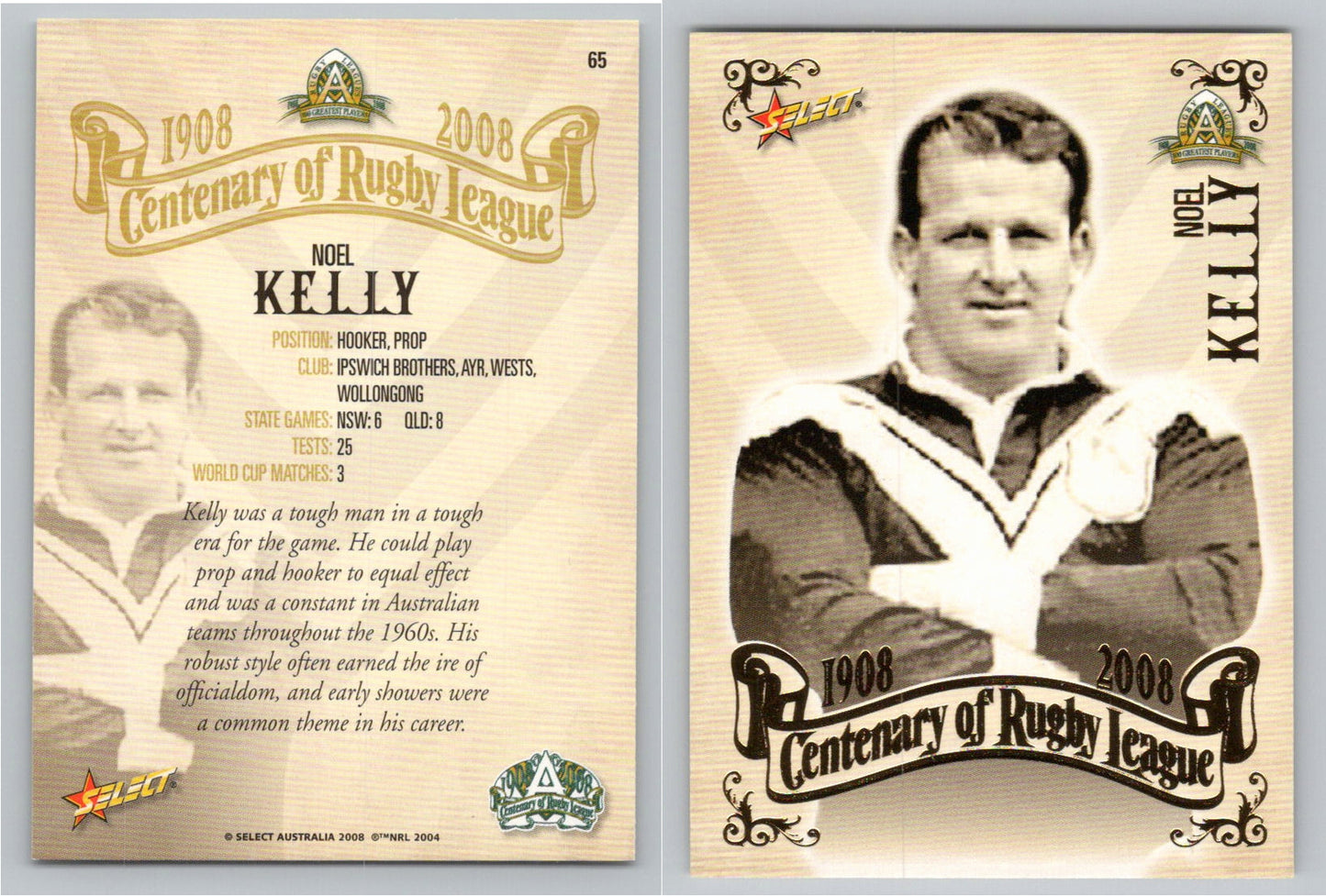 Card #   65 NOEL KELLY NRL Centenary of Rugby League