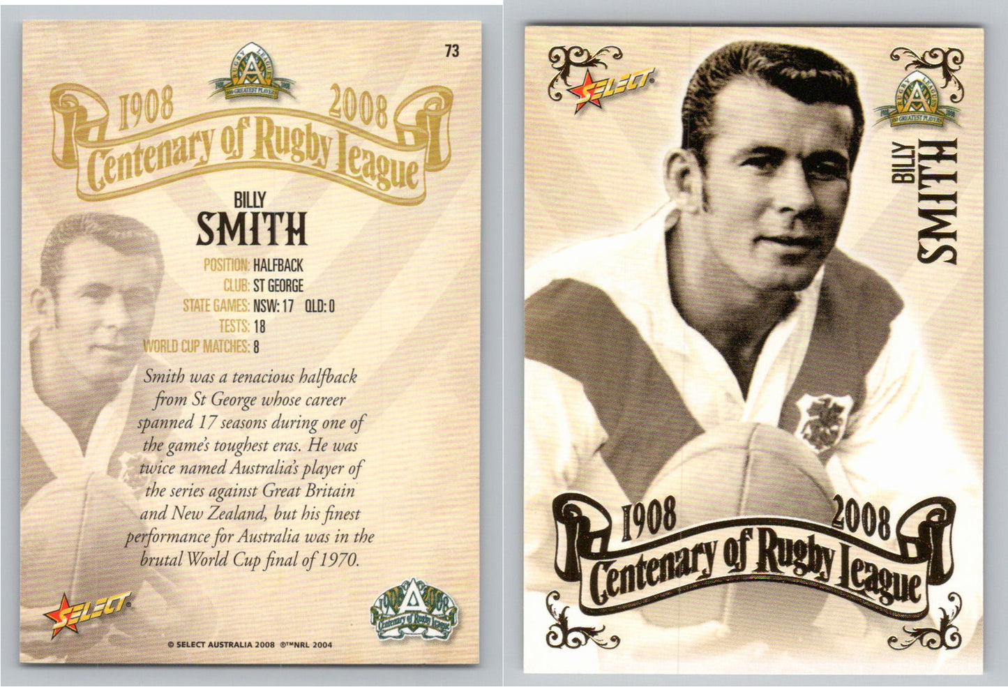 Card #   73 BILLY SMITH NRL Centenary of Rugby League
