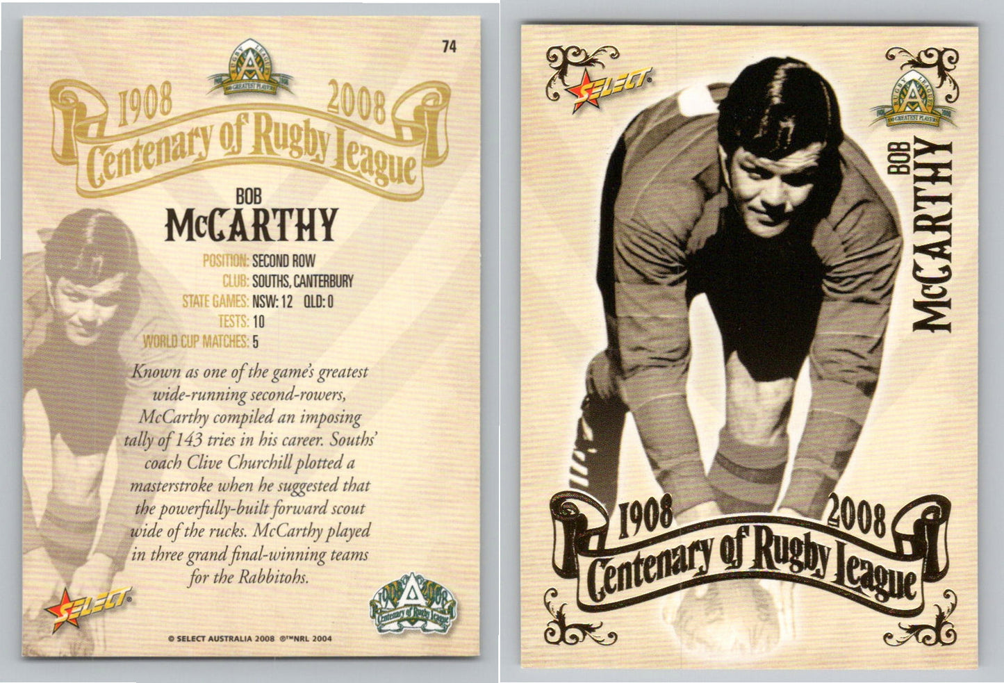 Card #   74 BOB McCARTHY NRL Centenary of Rugby League