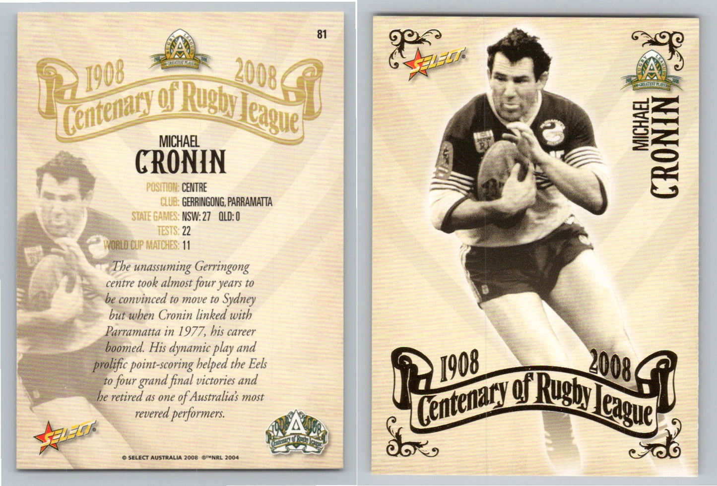 Card #   81 MICHAEL CRONIN NRL Centenary of Rugby League