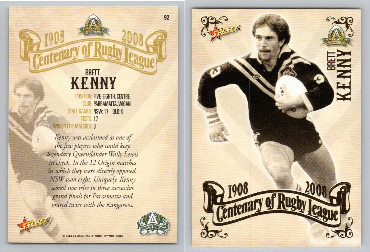 Card #   92 BRETT KENNY NRL Centenary of Rugby League