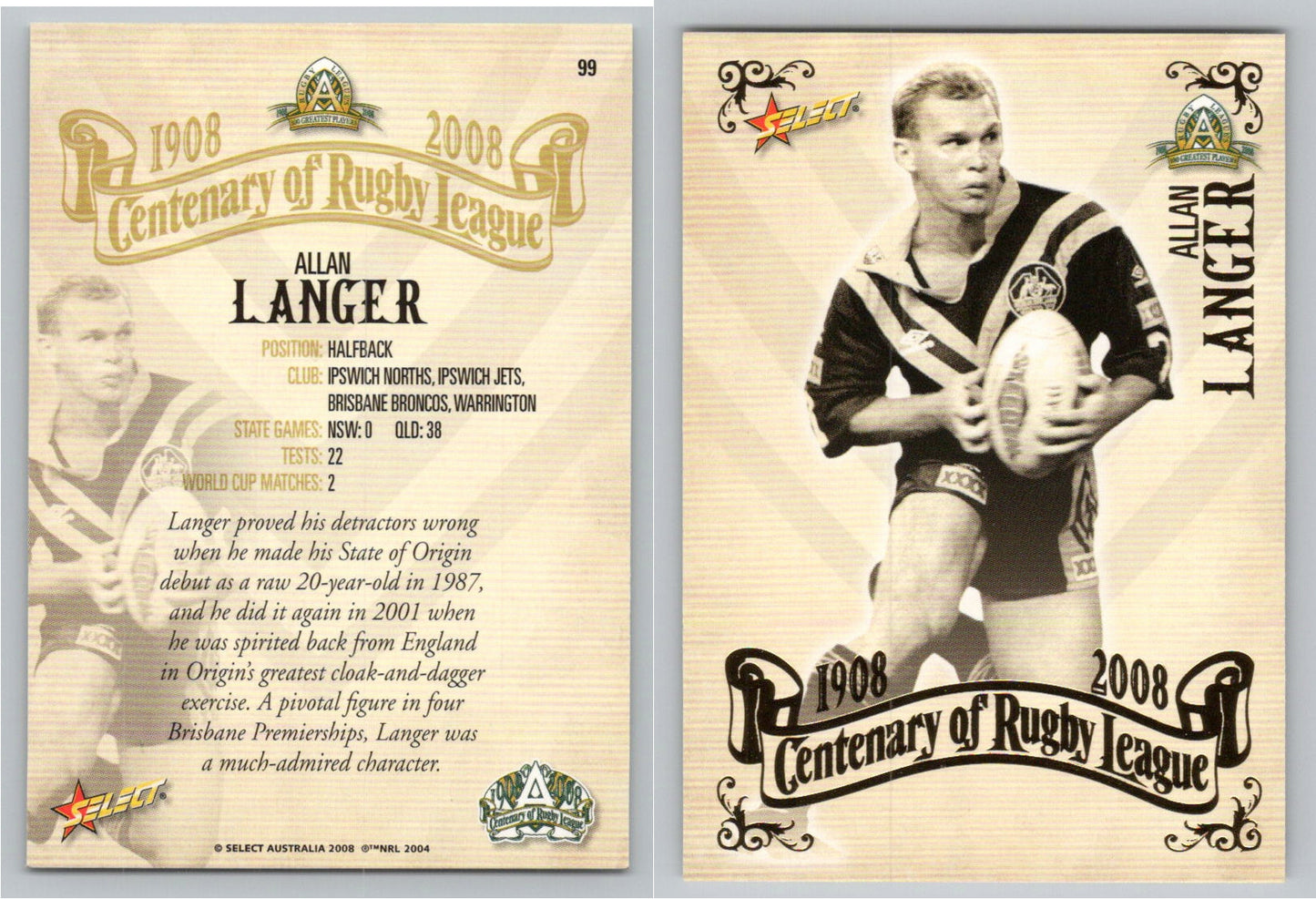 Card #   99 ALLAN LANGER NRL Centenary of Rugby League