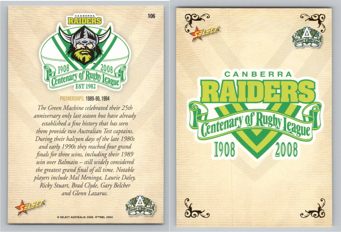 Card #   106 CANBERRA RAIDERS NRL Centenary of Rugby League