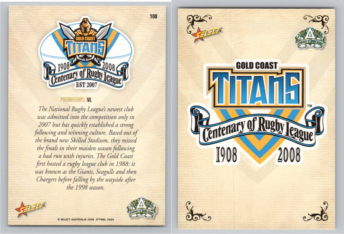 Card #   108 GOLD COAST TITANS NRL Centenary of Rugby League