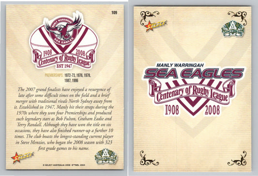 Card #   109 MANLY SEA EAGLES NRL Centenary of Rugby League