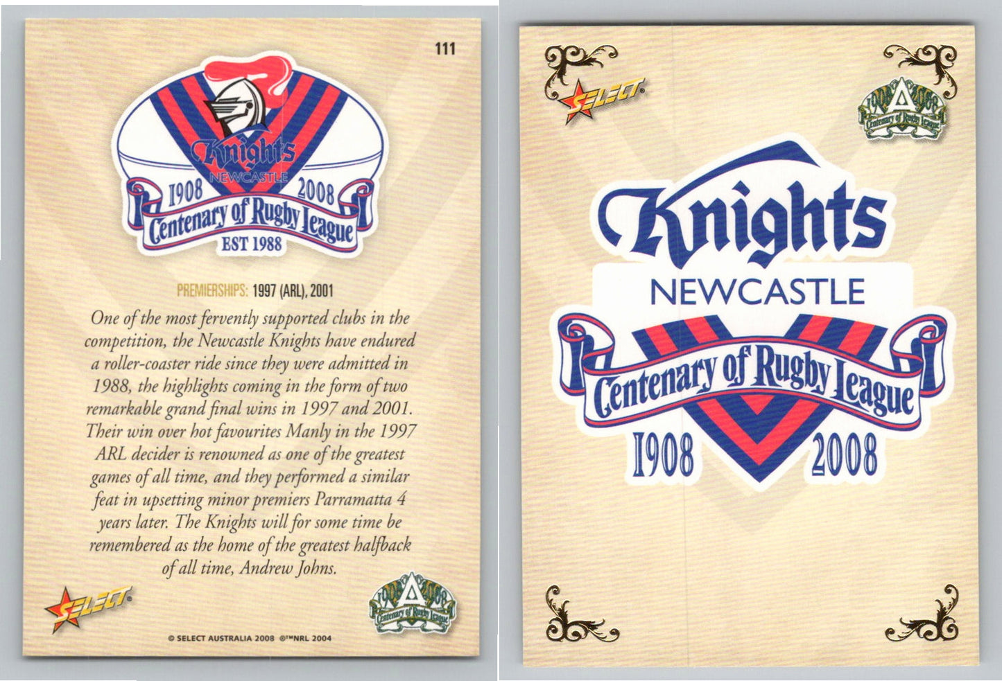 Card #   111 NEWCASTLE KNIGHTS NRL Centenary of Rugby League