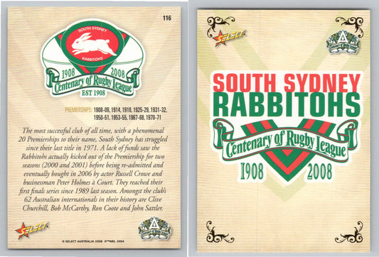 Card #   116 SOUTH SYDNEY RABBITOHS NRL Centenary of Rugby League