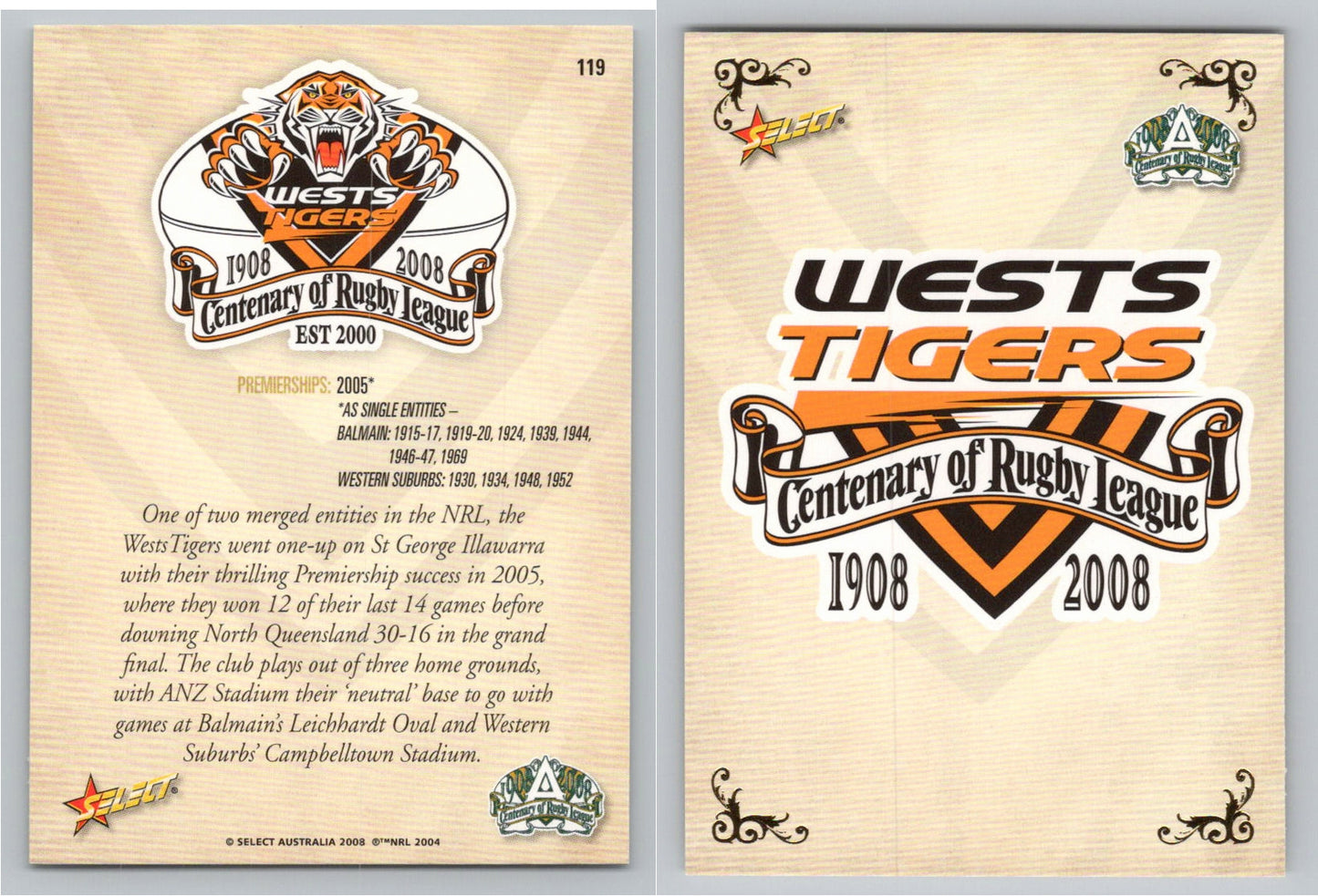 Card #   119 WESTS TIGERS NRL Centenary of Rugby League