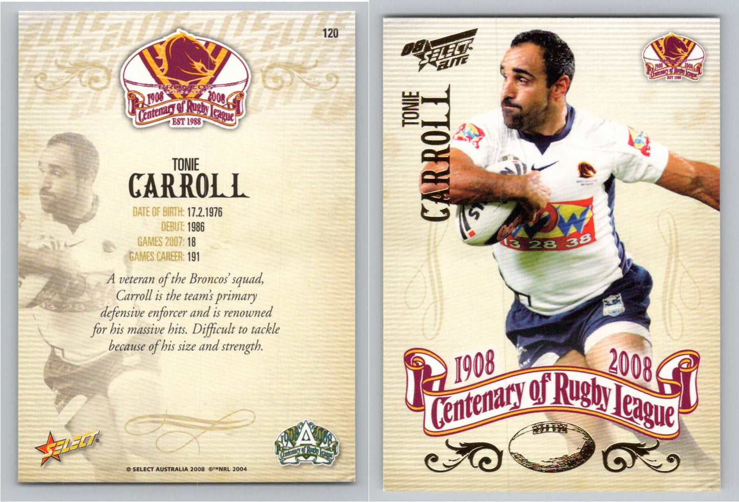 Card #   120 TONIE CARROLL NRL Centenary of Rugby League