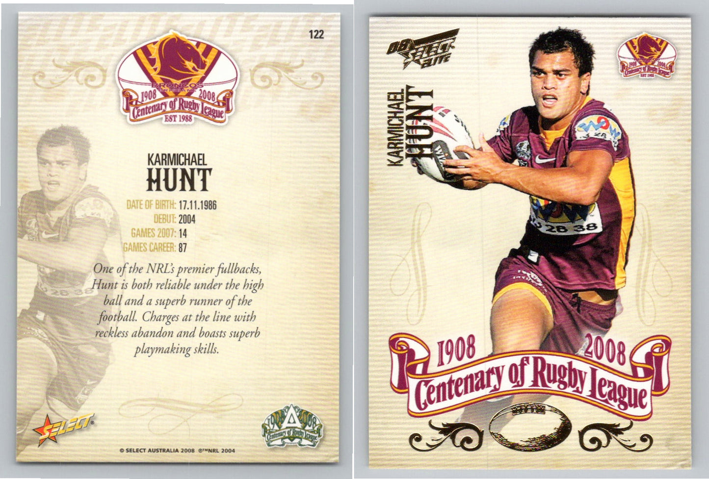Card #   122 KARMICHAEL HUNT NRL Centenary of Rugby League