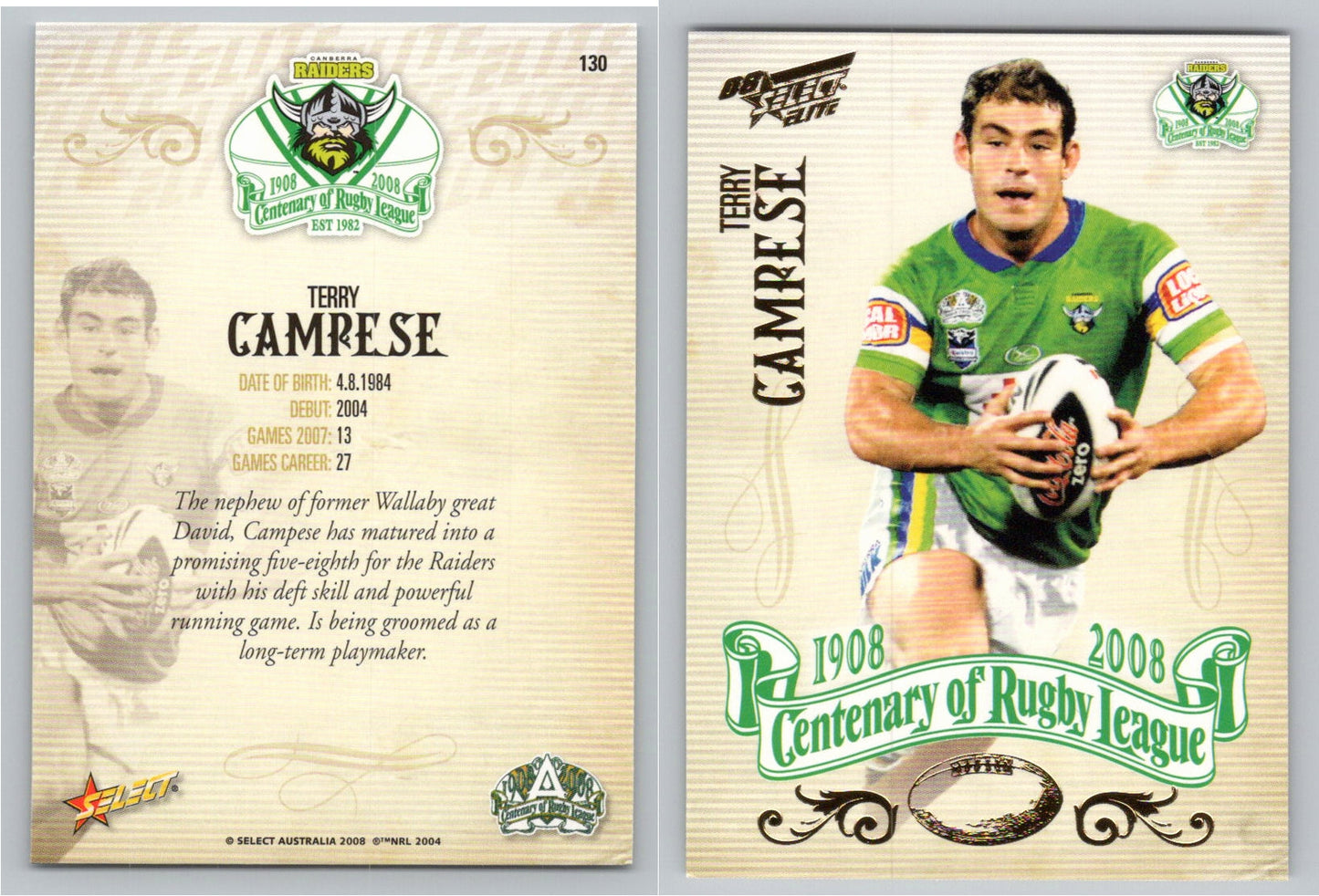 Card #   130 TERRY CAMPESE NRL Centenary of Rugby League