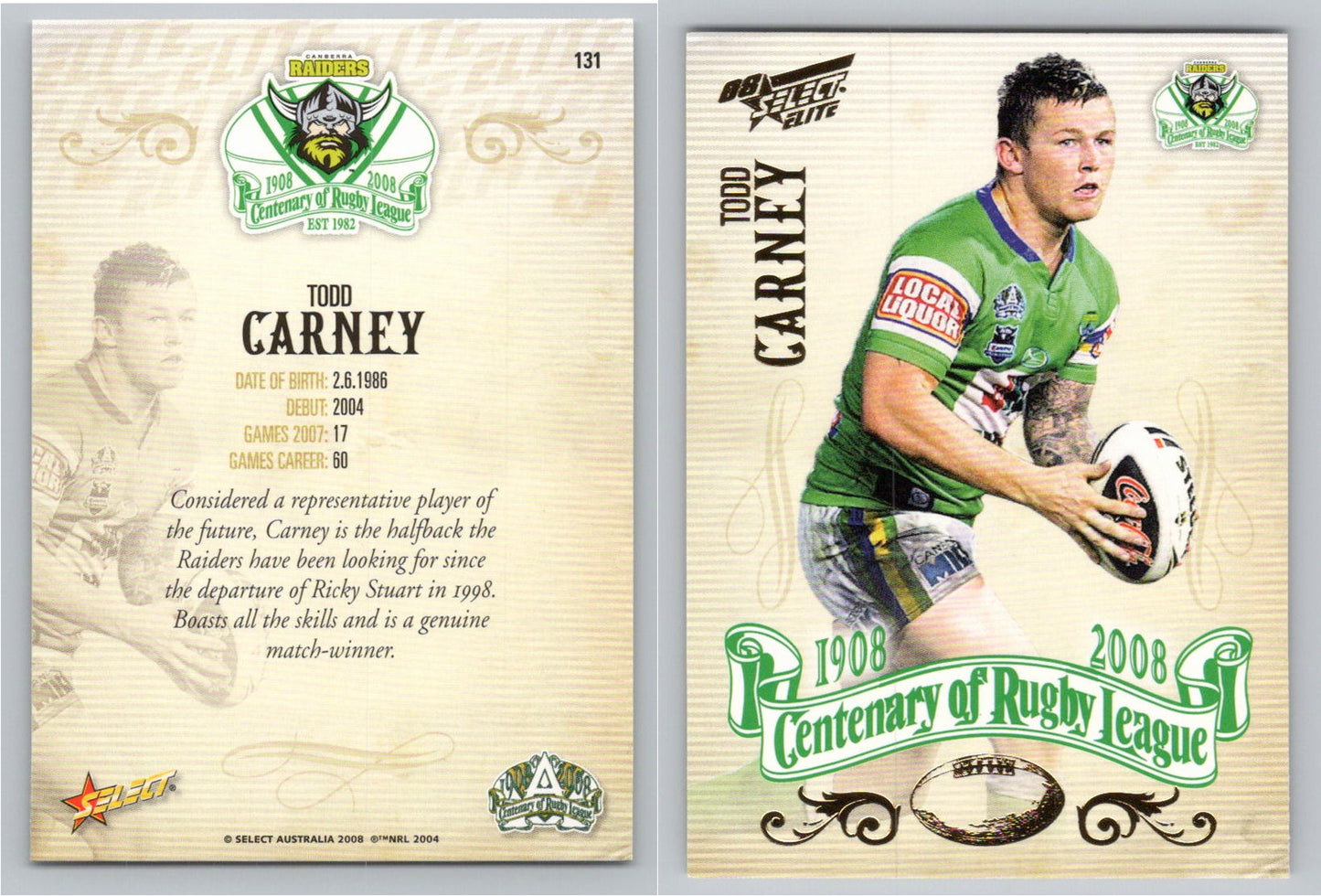 Card #   131 TODD CARNEY NRL Centenary of Rugby League
