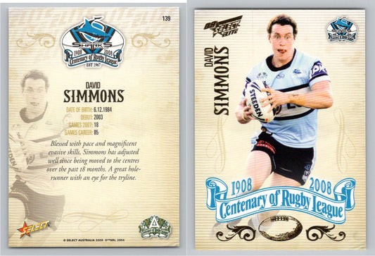 Card #   139 DAVID SIMMONS NRL Centenary of Rugby League