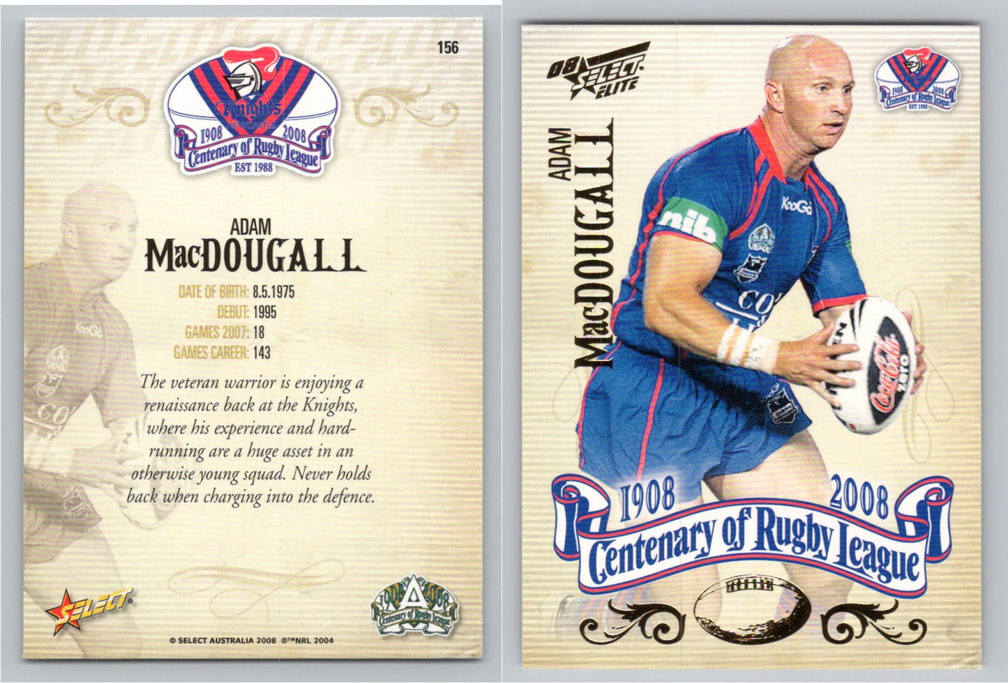 Card #   156 ADAM MacDOUGALL NRL Centenary of Rugby League