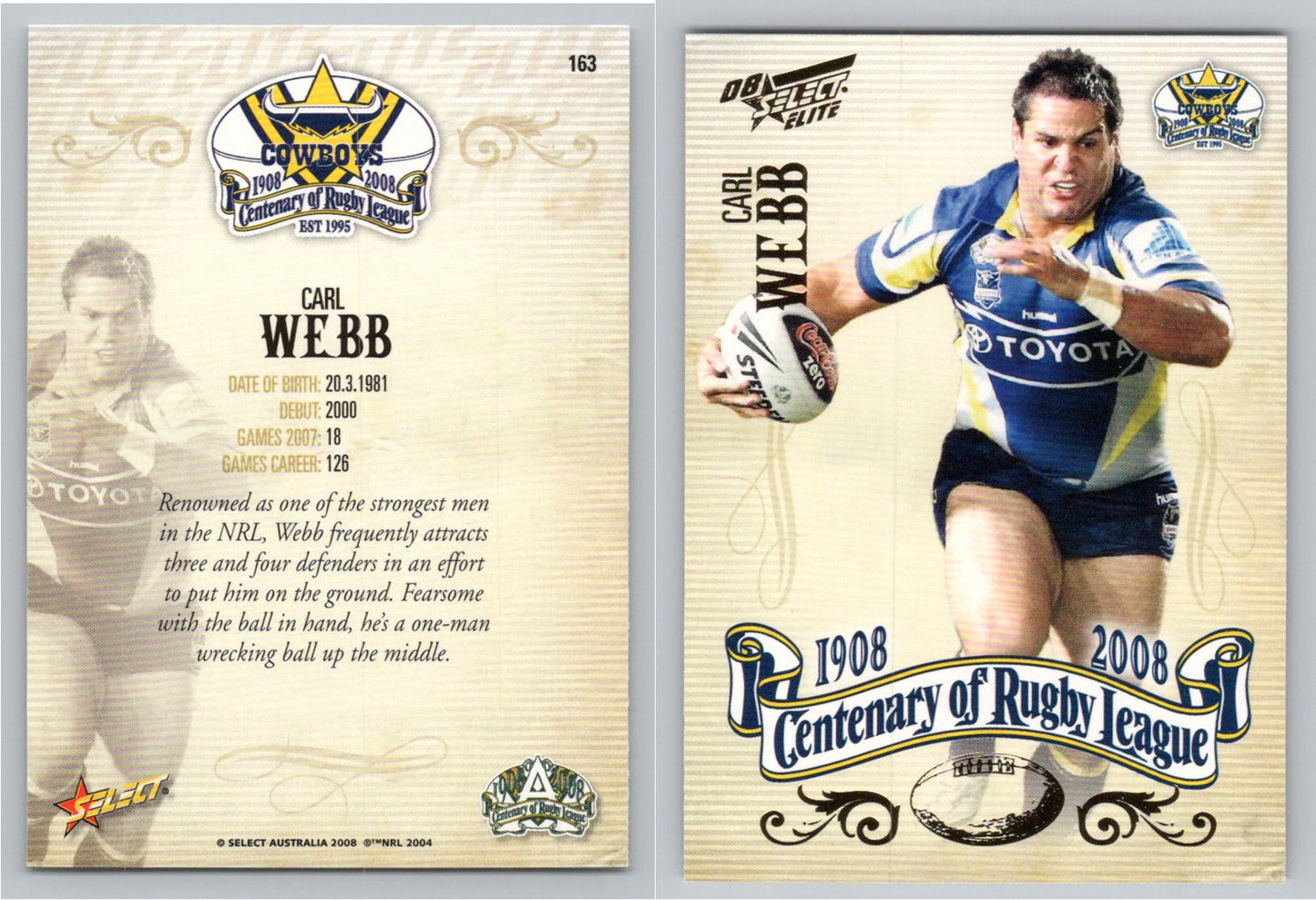 Card #   163 CARL WEBB NRL Centenary of Rugby League