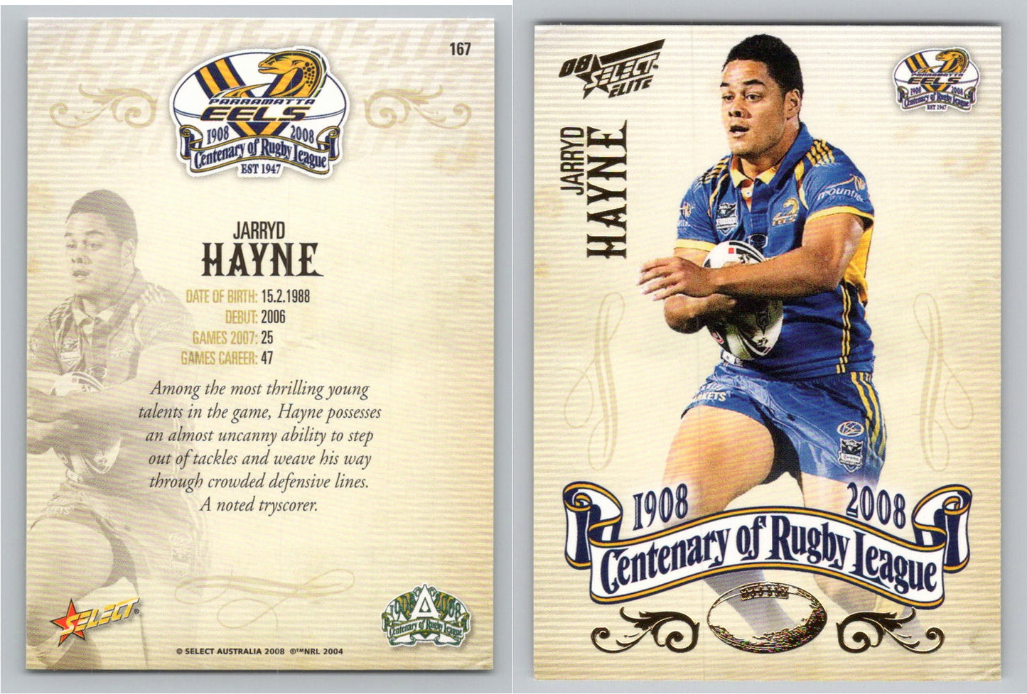 Card #   167 JARRYD HAYNE NRL Centenary of Rugby League