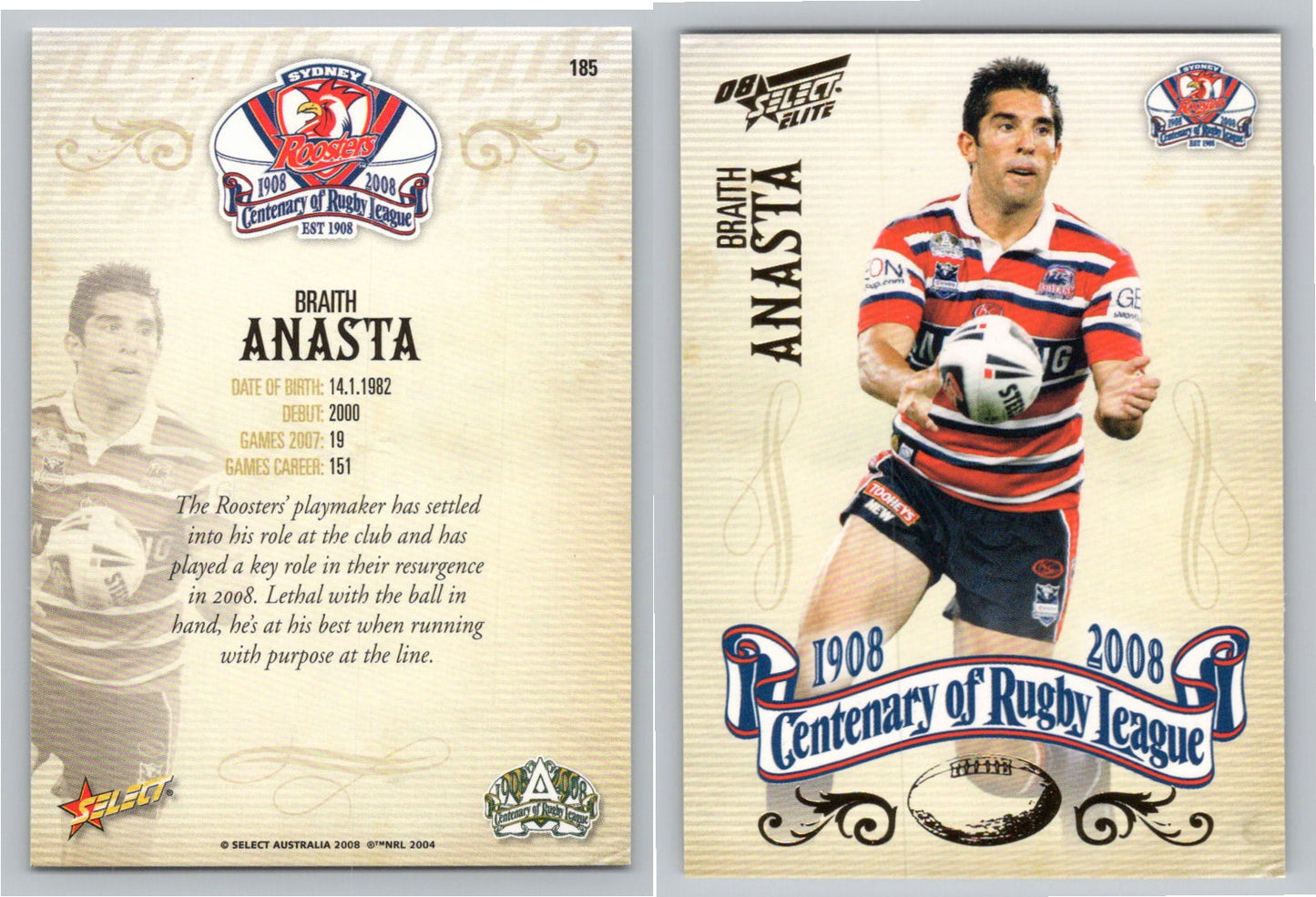 Card #   185 BRAITH ANASTA NRL Centenary of Rugby League